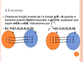 2.8 INVERSA
 Chama-se função inversa de f a função g:B→A quando e
somente quando f(m)=n equivaler a g(n)=m, quaisquer que
sejam mЄA e nЄB. Indicaremos por 𝒇−𝟏.
 Ex: f={(1,3);(2,4);(3,5)} 𝒇
−𝟏
={(3,1);(4,2);(5,3)}
 3
 4
 5
 1
 2
 3
 1
 2
 3
 3
 4
 5
B BA A
 