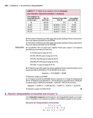 1 2 0 • C apítulo 2 • E c u a c io n e s y desigualdades
U S T A Y —1 U tilice si s u e s t a d o civil e s C a s a d o
p o r b ie n e s m a n c o m u n a d o s o v iu d o (a )
Si la cantidad en la
forma 1040, línea 39,
es: mayor que—
Pero no
mayor que—
Escriba la forma 1040,
línea 40
de la cantidad
por encima de—
$0 $45,200 15% $0
45300 109350 $6,780.00 + 27.5% 45,200
109350 166300 24,393.75 + 30.5% 109,250
166,500 297350 41,855.00 + 35.5% 166,500
297,350 88,306.75 + 39.1% 297,350
b) D eterm ine el impuesto q u e deb e pagar una pareja casada p o r bienes m ancom una­
dos, si sus ingresos gravables son d e $36,000.
c) D eterm ine el impuesto q u e debe pagar una pareja casada p o r bienes m ancom una­
dos, si sus ingresos gravables son d e $136,000.
S o lu c ió n a) Las palabras “Pero no m ayor q u e” significa “m enor q u e o igual a”. Los ingresos
gravables q u e conform an los cinco son:
(0, 45,200] p ara el rango d e 15%
(45,200,109,250] para el rango d e 27.5%
(109,250,166,500] p ara el rango d e 30.5%
(166,500,297350] p ara el rango d e 35.5%
(297350, oo) p ara el rango d e 39.1%
b) E l impuesto q u e deb e pagar una pareja casada p o r bienes m ancom unados con un
ingreso gravable d e $36,000 es 15% d e $36,000. Por lo tanto,
im puesto = 0.15(36,000) = $5400
E l im puesto a pagar es d e $5400.
c) U n ingreso gravable d e $136,000 coloca a la pareja en el rango d e im puestos de
30.5%. E l impuesto es d e $24393.75 + 30.5% del ingreso gravable m ayor a $109,250.
E l ingreso m ayor a $109,250 es $136,000 - $109350 = $26,750. Por lo tanto,
im puesto = 24393.75 + 0.305(26,750) = 24393.75 + 8158.75 = 32352.50
E l im puesto a pagar es d e $32352.50. #
3 R esolver d e sig u a ld a d e s c o m p u e s ta s q u e incluyan “y”
U na desigualdad com puesta está form ada p o r dos desigualdades ligadas con la pala­
bra y o la palabra o. E n ocasiones la palabra y está implícita, aunque no esté escrita.
E je m p lo s d e d e s i g u a l d a d e s c o m p u e s t a s
3 < x y x < 5
x + 4 > 3 o 2* - 3 < 6
4* - 6 > - 3 y x - 6< 5
 