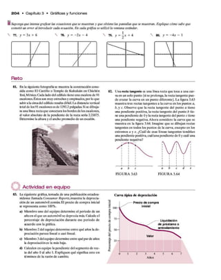2 0 4 • C apítulo 3 • Gráficas y funciones
Suponga que intenta graficar las ecuaciones que se muestran y que obtiene las pantallas que se muestran. Explique cómo sabe que
cometió un error al introducir cada ecuación. En cada gráfica se utilizó la ventana estándar.
77. y = 3x + 6 V 78. y = - 2 x - 4  79. y = + 4 N 80. y = - 4 x - 1
Reto
81.
8 2 . Una reda tangente es una línea recta que toca a una cur­
va en un solo punto (si se prolonga, la recta tangente pue­
de cruzar la curva en un punto diferente). La figura 3.63
muestra tres rectas tangentes a la curva en los puntos a,
b, y c. Observe que la recta tangente del punto a tiene
una pendiente positiva, la recta tangente del punto b tie­
ne una pendiente de 0 y la recta tangente del punto c tiene
una pendiente negativa. Ahora considere la curva que se
muestra en la figura 3.64. Imagine que se dibujan rectas
tangentes en todos los puntos de la curva, excepto en los
extremos a ye . ¿Cuál de esas líneas tangentes tendrían
una pendiente positiva, cuáluna pendiente de 0 y cuál una
pendiente negativa?
FIGURA 3.63 FIGURA 3.64
En la siguiente fotografía se muestra la construcción cono­
cida como El Castillo o Templo de Kukulcán en Chichón
Itzá, México.Cada lado del edificio tiene una escalera de 91
escalones.Éstos son muy estrechos y empinados, por lo que
subir a la cimadel edificioresulta difícil.La distancia vertical
total de los91 escalones es de 12922 pulgadas Sise dibuja­
ra una línea rectaque conectara los bordes de losescalones,
d valor absoluto de la pendiente de la recta sería 221875.
Determine la altura yel ancho promedio de un escalón.
Actividad en equipo_____________
83. La siguiente gráfica, tomada de una publicación estadou­
nidense llamada Consumer Reports,muestra la deprecia­
ción de un automóvil común. El precio de compra inicial
sí representa como 100%.
a) fvfiembro uno del equipo: determine el periodo de un
año en el que un automóvil se deprecia más. Calcule el
porcentaje de depreciación durante ese periodo de
acuerdo con la gráfica.
b) Miembro 2 del equipo:determine entre qué años la de­
preciación parece lineal o casi lineal.
c) fvfiembro3 delequipo:determine entre quéparde años
la depreciaciónes la más baja.
d) Calculen en equipo la pendiente del segmento de rec­
ta del año 0 al año 1. Expliquen qué significa esto en
téiminos de la razón de cambio.
Curva típica de depreciación
Años
 