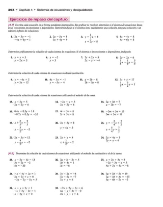 Ejercicios de repaso del capítulo
2 9 4 • C apítulo 4 • Sistem as d e e c u a c io n e s y d e sigualdades
[4.1] Escriba cada ecuación en la forma pendiente intersección. Sin graficar ni resolver, determine si el sistema de ecuaciones linea­
les es consistente, inconsistente o dependiente. También indique si el sistema tiene exactamente una solución, ninguna solución o un
número infinito de soluciones.
1. 2* - 3y = - 1 2. 2* - 5y = 8 3. y =  x + 4 4. 6
x = 4y - &
- 4 x + 6
y = 1 3* + 4y = 9 x + 2y = 8 4* = 6y + 8
Determine gráficamente la solución de cada sistema de ecuaciones. Si el sistema es inconsistente o dependiente, indíquelo.
5. y = x + 3 6
. x = - 2 7. 2* + 2y = 8 8
. 2y = 2x - 6
y = 2x + 5 y = 3 2x - y = - 4 1 _ 1 = 3
2 X 2 y 2
Determínela solución de cada sistema de ecuaciones mediante sustitución.
9. y = —4x + 2 10. 4x —3y = - 1 11. a = 2b - 8 12. 3* + y = 17
y = 3 x - 12 y = - 3x - 4 21, - 5a = 0 1 3
2X ~ 4y = 1
Determine la solución de cada sistema de ecuaciones utilizando el método de la suma.
13. * - 2y = 5 14 - 2 x - y = 5 15. 2a + 3b = 1
2* + 2y = 4 2* + 2y = 6 a - 2b = - 7
16. 0.4* - 0.3y = 1.8 17. 4r - 3s = 8 18. - 2 m + 3n = 15
-0.7* + 0.5y = -3.1 2r + 5s = 8 3m + 3* = 10
2 9 3 5
19. * + - y = - 20. 2* + 2y = 8 2L y = - - * + -
3 . y = 4x - 3 5 7
X ~ 2 y = X + 4 y = 2
22. 2* - 5y = 12 23. 2x + y = 4 24 2* = 4y + 5
4 1 2y = * —6
x - - y = -2 x + - y = 2
[4.2] Determine la solución de cada sistema de ecuaciones utilizando el método de sustitución o el de la suma.
2 5 . * —2y —4z = 13 2 6 . 2 a + ¿ > - 2 c = 5 27. * + 2y + 3z = 3
3y + 2z = - 2 3b + 4c = 1 -2 * - 3y - z = 5
5z = -2 0 3c = - 6 4* + 2y + 5z = -8
28. - * —4y + 2z = 1 29. 3y - 2z = - 4 30. 3a + 2b - 5c = 19
2* + 2y + z = 0 3* - 5z = - 7 2a - 3b + 3c = -1 5
-3 * - 2y - 5z= 5 2* + y = 6 5 a - 4 b - 2 c = - 2
31. * - y + 3z = 1
- * + 2y - 2z = 1
* - 3y + z = 2
32. -2 * + 2y - 3z = 6
4* - y + 2z = -2
2* + y - z = 4
 