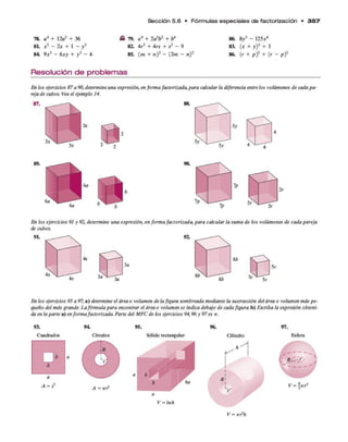 78. a 4 + 12a2 + 36 É¡ 79. a 4 + 2a2b2 + b4 80. 8y3 - 1 2 5 a 6
8L a 2 - 2 a + 1 - y 2 82. 4r2 + 4rs + í 2 - 9 83. ( a + y )3 + 1
84. 9 a 2 - 6 x y + y 2 - 4 85. (m + n )2 - (2m - n)2 86. ( r + p )3 + (r - p f
Resolución de problemas
Sección 5 .6 • Fó rm u la s especiales d e factorización • 3 5 7
En los ejercicios 87 a 90, determine una expresión, en forma factorizada, para calcular la diferencia entre los volúmenes de cada pa­
rejade cubos. Vea el ejemplo 14.
En los ejercicios 91 y 92, determine una expresión, en forma factorizada, para calcular la suma de los volúmenes de cada pareja
de cubos.
En los ejercicios 93 a 97, a) determine el área o volumen de la figura sombreada mediante la sustracción del área o volumen más pe­
queño del más grande. Lafórmula para encontrar el área o volumen se indica debajo de cada figura. b) Escriba la expresión obteni­
da en la parte a) en forma factorizada. Parte del MFC de los ejercicios 94,96 y 97 es ir.
A = sl
Círculos
A — ir/2
95.
Sólido rectangular
96.
Cilindro
l—
97.
Esfera
V = ±irr3
V = Iwh
V = irr2h
 