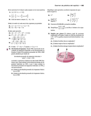 E x a m e n de práctica del capítulo • 6 5
En los ejercicios 8 y 9, ilustre cada conjunto en la recta numérica*
8. {*|-2.3 * < 5.2}
>. | * < * < f y * e Z
2 5
10. Liste de menor a mayor: |3|, -|4 |, -2.6.
Señale el nombre de cada una de las siguientes propiedades.
1L (* + y) + 3 = * + (y +3)
12. 3* + 4y = 4y + 3*
Evalúe cada expresión.
13. {4 — [7 —32 (32 —2*3)]}
14 24 + 42 -r 2? • y/25 + 7
-3 |4 - 8| h
- 2 + 4
15.
16.
-V 5 6 + 18 - 32 + 4
- ó 2 + 3(4 - |6|) - 6
4 - ( - 3 ) + 12 H-4*5
17. Evalúe + 2*y + y2cuando * = 2 y y = 3.
18. Devolución de impuestos Desde 1990,el promedio de de­
volución de impuestos federales se ha incrementado en
Estados Unidos. El reembolso promedio de 1990 a 2002
puede calcularse por medio de
devolución promedio de impuestos federales =
Ó.42*2 + 13.9* + 970
en donde * representa el número de años desde 1990. Sus­
tituya * por 1 para calcular la devolución promedio de im­
puestos federales en 1991, * por 2 para estimar la
devolución promedio de impuestos federales en 1992, y
así sucesivamente.
a) Calcule la devolución promedio de impuestos federa­
les en 1995.
b) Calcule la devolución promedio de impuestos federa­
les en 2002.
Simplifique cada expresión y escriba la respuesta sin expo­
nentes negativos.
2
19. 3"2
24a2b~3c°
2L
30a3b2c-2
20.
22.
4ni- 3
n
- 3 *3y
x - y
- 2  - 3
23. Cbnvierta 242,000,000 a notación científica.
3.12 X 106
24. Simplifique -p------ —
—
¿y escriba el número sin expo-
1.2 X lu
nentes.
25. Empleo por género El número total de personas
empleadas en Estados Unidos en 2000 fue alrededor de
1.41 X 108. La gráfica muestra la división hombres / mu­
jeres.
a) ¿Cuántos hombres fueron empleados?
b) ¿Cuántas mujeres fueron empleadas?
c) ¿Cuántos hombres másque mujeres fueron empleados?
 