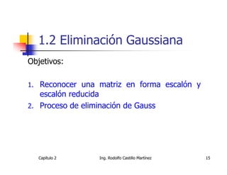 1.2 Eliminación Gaussiana
Objetivos:

1. Reconocer una matriz en forma escalón y
   escalón reducida
2. Proceso de eliminación de Gauss




   Capítulo 2      Ing. Rodolfo Castillo Martínez   15
 