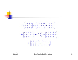 1 0 0 0          1 0 0 −6        1 0 1
                                                       
             A =  0 0 1 0  ; B =  0 1 0 0  ; C =  0 0 1
                 0 0 0 0          0 0 1 −1        0 0 1
                                                       

                 1 1 0 0 2                   1 7 0 9 0
                                 0 0                   
             D =  0 0 1 0 3; E =     ; F =  0 0 1 −8 0 
                  0 0 0 1 4      1 0                   
                                             0 0 0 0 1

                           1 0 −1 0     1 0 0 0 
                                                  
                      G =  0 1 0 0; H =  0 0 1 0 
                           0 0 1 0                
                                         0 0 0 −2 




Capítulo 2                     Ing. Rodolfo Castillo Martínez   18
 