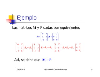 Ejemplo
Las matrices M y P dadas son equivalentes
                        0 3       1 2
                                     
                   M =  1 2 ; P = 0 3
                        −1 1      0 0
                                     

   0 3         1 2                 1 2               1 2
                                                         
   1 2  R1↔R2  0 3  R1+R3→R3        0 3  -R2+R3→R3    0 3
   −1 1        −1 1                0 3               0 0
                                                         



 Así, se tiene que M ~ P

  Capítulo 2              Ing. Rodolfo Castillo Martínez            21
 