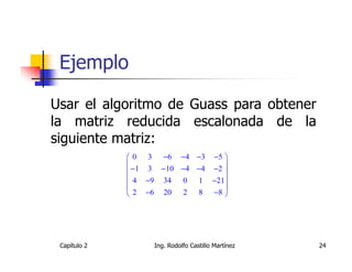Ejemplo

Usar el algoritmo de Guass para obtener
la matriz reducida escalonada de la
siguiente matriz:
               0 3 −6 −4 −3 −5 
                                 
               −1 3 −10 −4 −4 −2 
               4 −9 34 0 1 −21
                                 
               2 −6 20 2 8 −8 




 Capítulo 2        Ing. Rodolfo Castillo Martínez   24
 