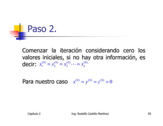 Paso 2.

Comenzar la iteración considerando cero los
valores iniciales, si no hay otra información, es
decir: x1(0) = x2 = x3 L = xn
                (0)  (0)    (0)




Para nuestro caso x (0) = y (0) = z (0) = 0




  Capítulo 2           Ing. Rodolfo Castillo Martínez   39
 