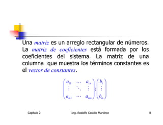 Una matriz es un arreglo rectangular de números.
La matriz de coeficientes está formada por los
coeficientes del sistema. La matriz de una
columna que muestra los términos constantes es
el vector de constantes.
                a11 K a1n   b1 
                            
                 M O M ; M 
               a            
                m1 L amn   bm 


  Capítulo 2      Ing. Rodolfo Castillo Martínez   8
 