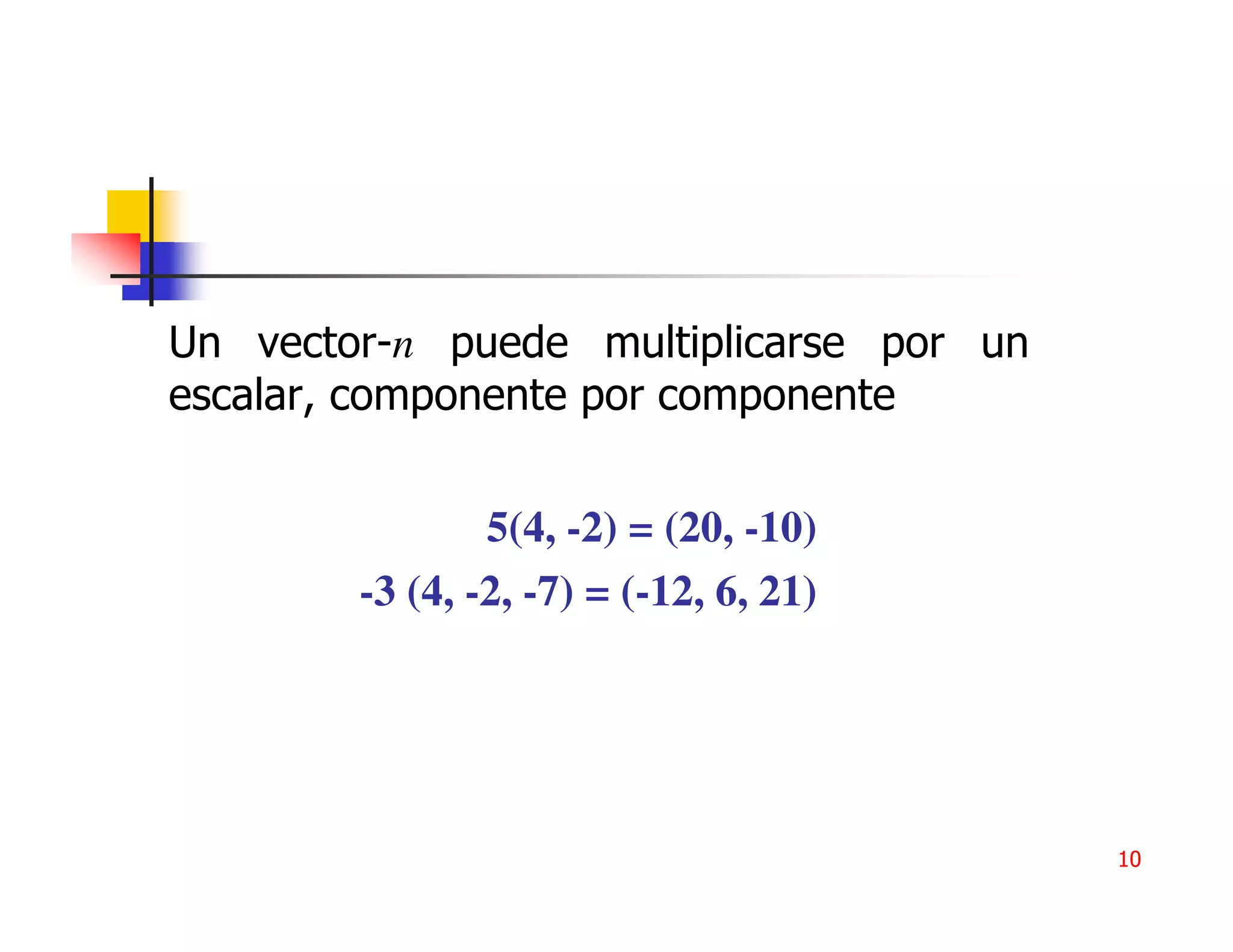 Un vector-n puede multiplicarse por un
escalar, componente por componente


                5(4, -2) = (20, -10)
        -3 (4, -2, -7) = (-12, 6, 21)




                                         10
 