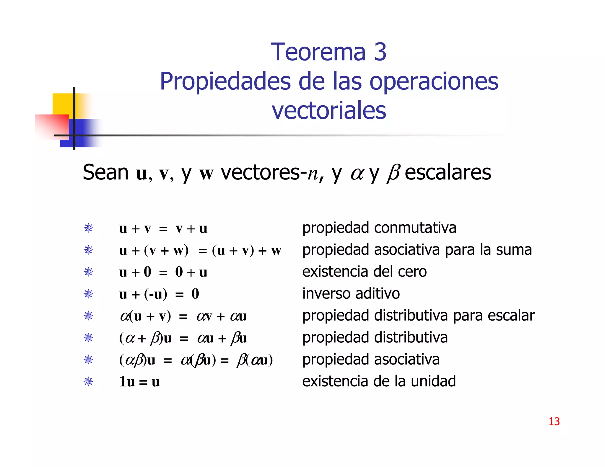 Teorema 3
         Propiedades de las operaciones
                  vectoriales

Sean u, v, y w vectores-n, y α y β escalares

   u+v = v+u                   propiedad conmutativa
   u + (v + w) = (u + v) + w   propiedad asociativa para la suma
   u+0 = 0+u                   existencia del cero
   u + (-u) = 0                inverso aditivo
   α(u + v) = αv + αu          propiedad distributiva para escalar
   (α + β)u = αu + βu          propiedad distributiva
   (αβ)u = α(βu) = β(αu)       propiedad asociativa
   1u = u                      existencia de la unidad

                                                                     13
 