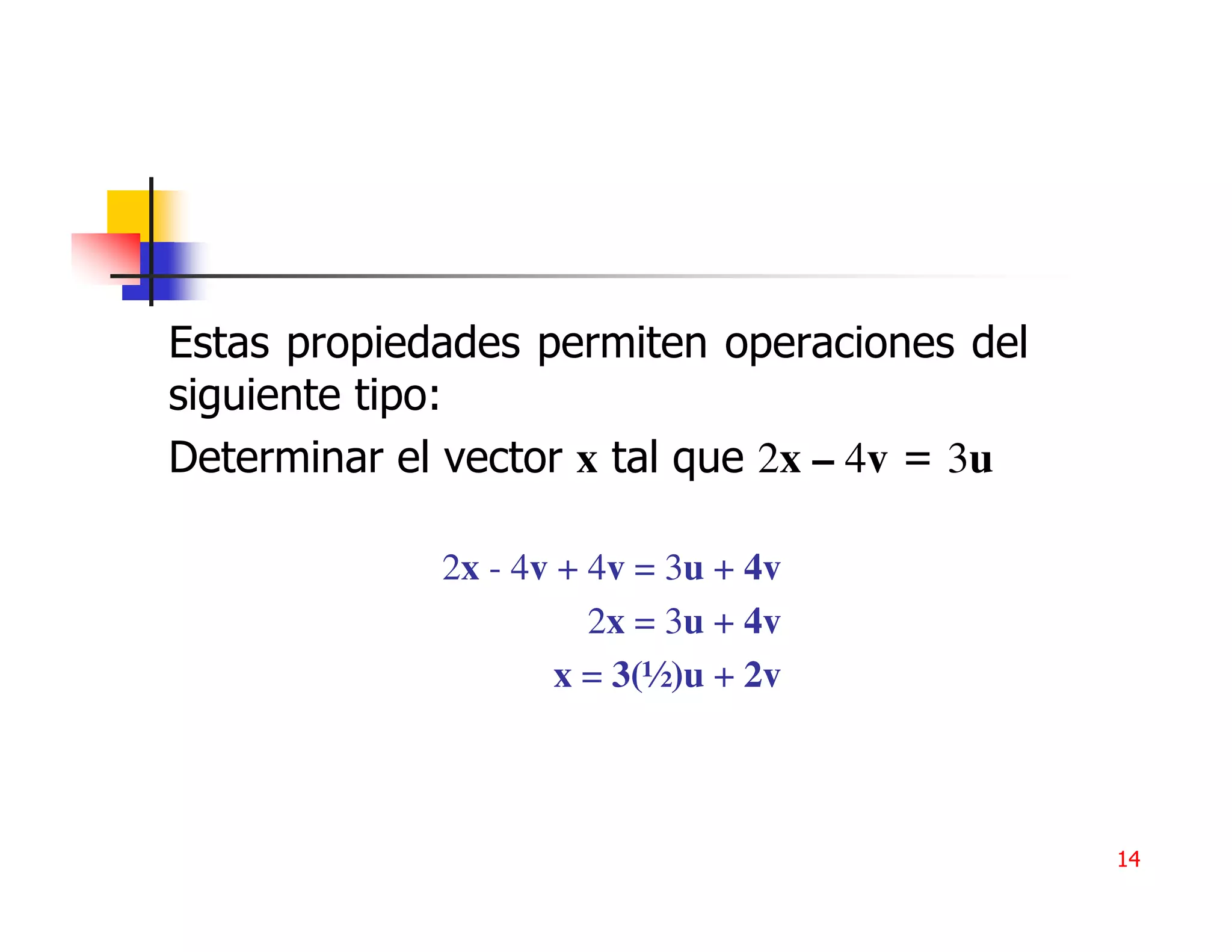 Estas propiedades permiten operaciones del
siguiente tipo:
Determinar el vector x tal que 2x – 4v = 3u

             2x - 4v + 4v = 3u + 4v
                       2x = 3u + 4v
                     x = 3(½)u + 2v



                                              14
 