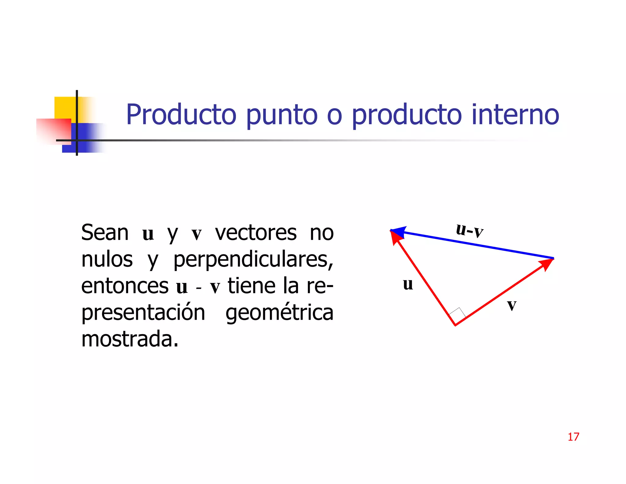 Producto punto o producto interno



Sean u y v vectores no
nulos y perpendiculares,
entonces u - v tiene la re-
presentación geométrica
mostrada.



                                        17
 