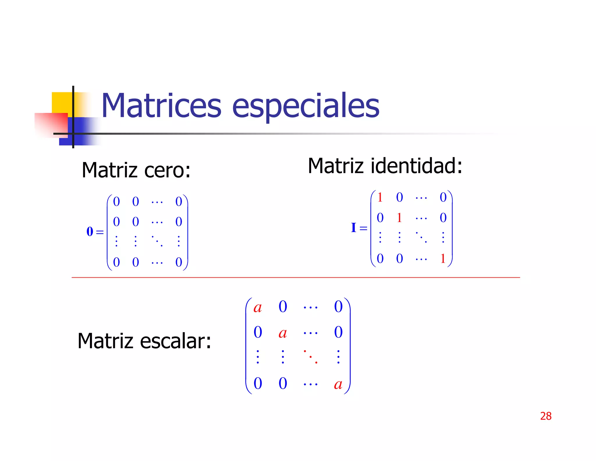Matrices especiales
Matriz cero:             Matriz identidad:
    0 0   0                   1 0   0
                                     
    0 0   0                I= 0 1   0
 0=                                    
           
                                     
    0 0   0                   0 0   1


                  a 0     0
                           
Matriz escalar:   0 a     0
                           
                           
                  0 0     a
                                             28
 