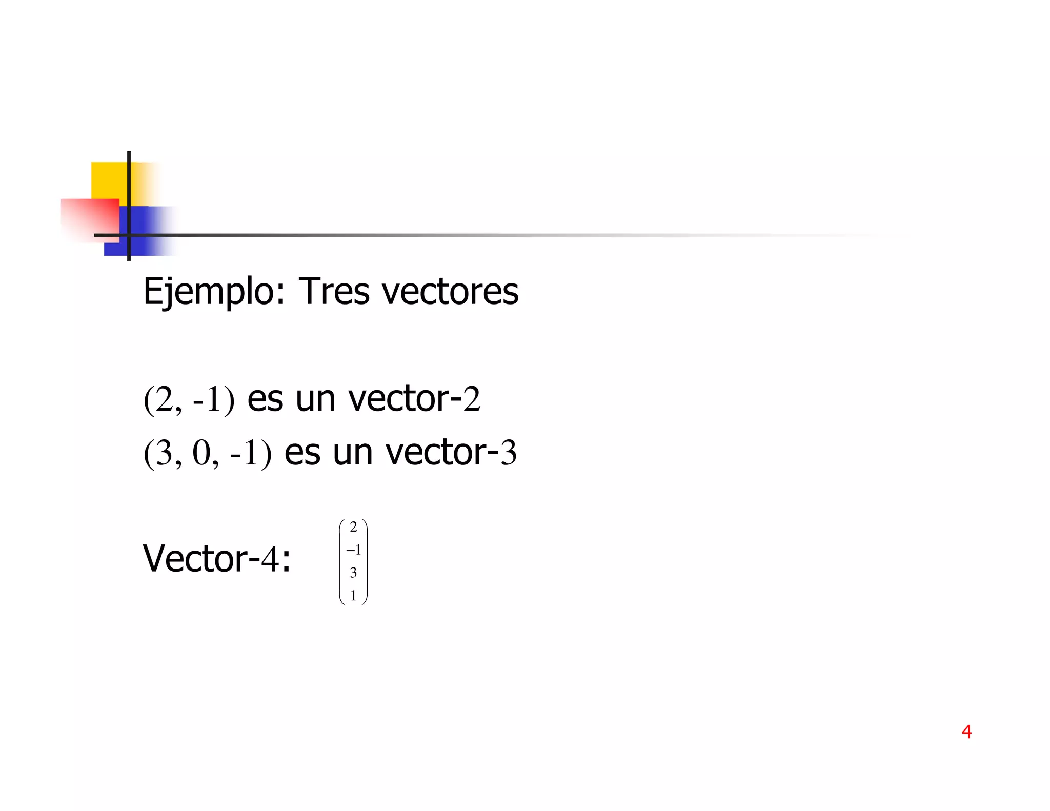 Ejemplo: Tres vectores

(2, -1) es un vector-2
(3, 0, -1) es un vector-3
             2
              
Vector-4:     −1
             3
              
             1
              




                            4
 