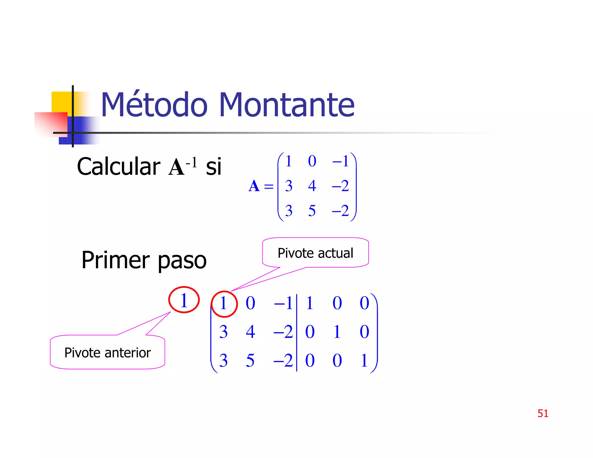 Método Montante
  Calcular A-1 si            1 0 −1 
                                    
                        A =  3 4 −2 
                             3 5 −2 
                                    

                           Pivote actual
  Primer paso
                  1  1 0 −1 1 0 0 
                                  
                     3 4 −2 0 1 0 
Pivote anterior      3 5 −2 0 0 1 
                                  

                                           51
 