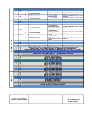 24    Sáb
        25    Dom
        26    Lun
                                                                 5.2 Núcleo e imagen de una           Exposición docente y resoluación de problemas
                        V       Transformaciones lineales.
        27    Mar                                                transformación lineal.               por alumnos
                                                                 5.3 La matriz de una                 Exposición docente y resoluación de problemas
                        V       Transformaciones lineales.
        28    Mié                                                transformación lineal.               por alumnos
                                                                 5.3 La matriz de una                 Exposición docente y resoluación de problemas
                        V       Transformaciones lineales.
        29    Jue                                                transformación lineal.               por alumnos
        30    Vie
        1     Sáb
        2     Dom
        3     Lun
                                                                 5.4 Aplicación de las
                                                                 transformaciones lineales:           Exposición docente y resoluación de problemas
                        V       Transformaciones lineales.
                                                                 reflexión, dilatación, contracción   por alumnos
        4     Mar                                                y rotación.
                                                                 5.4 Aplicación de las
                                                                 transformaciones lineales:           Exposición docente y resoluación de problemas
                        V       Transformaciones lineales.
                                                                 reflexión, dilatación, contracción   por alumnos
        5     Mié                                                y rotación.
                                                                 5.4 Aplicación de las
                                                                 transformaciones lineales:           Exposición docente y resoluación de problemas
                        V       Transformaciones lineales.
                                                                 reflexión, dilatación, contracción   por alumnos
        6     Jue
                                                                 y rotación.
D       7     Vie
I       8     Sáb
C       9     Dom
I       10    Lun
E       11    Mar       V        Transformaciones lineales.    Evaluación
M       12    Mié              PRESENTACIÓN DE PROYECTOS ACADÉMICOS DE FIN DE SEMESTRE DE INGENIERÍA EN ACUICULTURA
B       13    Jue                  PRESENTACIÓN DE PROYECTOS ACADÉMICOS DE FIN DE SEMESTRE DE CONTADOR PÚBLICO
R       14    Vie      PRESENTACIÓN DE PROYECTOS ACADÉMICOS DE FIN DE SEMESTRE DE INGENIERÍA EN INNOVACIÓN AGRICOLA SUSTENTABLE
        15    Sáb
E
        16    Dom
        17    Lun                        4a ENTREGA DE CALIFICACIONES PARCIALES Y EXÁMENES DE REGULARIZACIÓN
        18    Mar                                             EXÁMENES DE REGULARIZACIÓN
        19    Mié                                             EXÁMENES DE REGULARIZACIÓN
        20    Jue                                           PERIODO VACACIONAL DE INVIERNO
        21    Vie                                           PERIODO VACACIONAL DE INVIERNO
        22    Sáb                                           PERIODO VACACIONAL DE INVIERNO
        23    Dom                                           PERIODO VACACIONAL DE INVIERNO
        24    Lun                                           PERIODO VACACIONAL DE INVIERNO
        25    Mar                                           PERIODO VACACIONAL DE INVIERNO
        26    Mié                                           PERIODO VACACIONAL DE INVIERNO
        27    Jue                                           PERIODO VACACIONAL DE INVIERNO
        28    Vie                                           PERIODO VACACIONAL DE INVIERNO
        29    Sáb                                           PERIODO VACACIONAL DE INVIERNO
        30    Dom                                           PERIODO VACACIONAL DE INVIERNO
        31    Lun                                           PERIODO VACACIONAL DE INVIERNO
        1     Mar                                           PERIODO VACACIONAL DE INVIERNO
        2     Mié                                           PERIODO VACACIONAL DE INVIERNO
        3     Jue                                           PERIODO VACACIONAL DE INVIERNO
        4     Vie                                           PERIODO VACACIONAL DE INVIERNO
E       5     Sáb                                           PERIODO VACACIONAL DE INVIERNO
N       6     Dom                                           PERIODO VACACIONAL DE INVIERNO
E       7     Lun                                              EXÁMENES EXTRAORDINARIOS
R       8     Mar                                              EXÁMENES EXTRAORDINARIOS
O       9     Mié                                              EXÁMENES EXTRAORDINARIOS
        10    Jue                                   ENTREGA Y CAPTURA DE CALIFICACIONES EN EL SICE
        11    Vie                                     ENTREGA DE DOCUMENTACIÓN ÁREA ACADEMICA
        12    Sáb
        13    Dom




  M.A. ÁLVARO CHÁVEZ GALAVÍZ
(NOMBRE Y FIRMA DEL DOCENTE)                                                                                  Vo.Bo. (NOMBRE Y FIRMA )

                                                                                                                  DE JEFE INMEDIATO
 