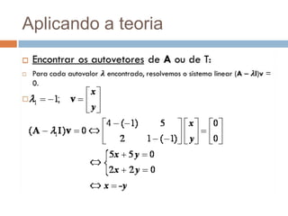 Aplicando a teoriaEncontrar os autovetoresde A ou de T:Para cada autovalor𝝀 encontrado, resolvemos o sistema linear (A –𝝀I)v = 0.   
