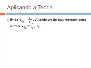 Aplicando a TeoriaEntão v𝝀𝟐= (52y , y) sendo um de seus representantes o vetor v𝝀𝟐= (52, 1).  