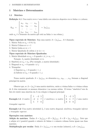 1 MATRIZES E DETERMINANTES 3
1 Matrizes e Determinantes
1.1 Matrizes
Deﬁni¸c˜ao 1.1 Uma matriz m×n ´e uma tabela com n´umeros dispostos em m linhas e n colunas.
Am×n =






a11 a12 · · · a1n
a21 a22 · · · a2n
...
... · · ·
...
am1 am2 · · · amn






= [aij]m×n
onde aij ´e o elemento da matriz que est´a na linha i e na coluna j.
Tipos especiais de Matrizes. Seja uma matriz A = [aij]m×n. A ´e chamada:
1. Matriz Nula se aij = 0 ∀i, ∀j
2. Matriz Coluna se n = 1
3. Matriz Linha se m = 1
4. Matriz Quadrada de ordem n se m = n
Tipos especiais de Matrizes Quadradas.
1. Matriz Identidade se aij = 0 quando i ̸= j e aii = 1.
Nota¸c˜ao: In matriz identidade n×n.
2. Sim´etrica se aij = aji (Por exemplo, a matriz identidade)
3. Diagonal se aij = 0 quando i ̸= j
4. Triangular:
i) Superior aij = 0 quando i > j
ii) Inferior se aij = 0 quando i < j
Numa matriz quadrada A = [aij]n×n, os elementos a11, a22, . . . , ann formam a diagonal
principal da matriz.
Observe que, se A = [aij] ´e uma matriz sim´etrica, ent˜ao a i-´esima linha e a i-´esima coluna
de A tˆem exatamente os mesmos elementos e na mesma ordem. O termo ”sim´etrica”vem do
fato de existir uma simetria em A em rela¸c˜ao `a diagonal principal.
Exemplo 1.1 A matriz



1 −2 5
−2 4 7
5 7 0


 ´e sim´etrica e a matriz



1 −2 5
0 4 7
0 0 0


 ´e uma matriz
triangular superior.
Exemplo 1.2 Uma matriz identidade In ´e uma matriz diagonal, sim´etrica, triangular inferior
e triangular superior.
Opera¸c˜oes com matrizes
Adi¸c˜ao de matrizes. Dadas A = [aij]m×n e B = [bij]m×n, A + B = [aij + bij]m×n. Note que
a adi¸c˜ao s´o ´e poss´ıvel quando o n´umero de linhas e o n´umero colunas forem iguais nas duas
matrizes.
Multiplica¸c˜ao por escalar. Dada A = [aij]m×n e α um escalar (n´umero), αA = [αaij]m×n
 