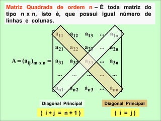 Matriz Quadrada de ordem n – É toda matriz do
tipo n x n, isto é, que possui igual número de
linhas e colunas.

                    a11 a12       a13    ... a1n 
                                                  
                   a                     ... a 2n 
                       21 a 22     a 23
                                                  
                                                  
 A = (aij )m x n =  a 31 a 32     a 33   ... a 3n 
                                                  
                    ...   ...      ...   ... ... 
                                                  
                   an1 an2
                                  an3    ... ann 

              Diagonal Principal            Diagonal Principal

             ( i+j = n+1)                       ( i = j)
 