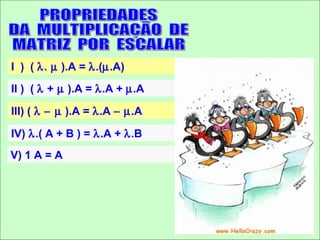 I ) ( λ. µ ).A = λ.(µ.A)
II ) ( λ + µ ).A = λ.A + µ.A

III) ( λ − µ ).A = λ.A − µ.A

IV) λ.( A + B ) = λ.A + λ.B
V) 1 A = A
 