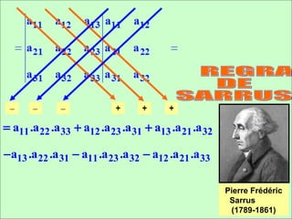 = a11 .a 22 .a 33 + a12 .a 23 .a 31 + a13 .a 21 .a 32

− a13 .a 22 .a 31 − a11 .a 23 .a 32 − a12 .a 21 .a 33

                                                        Pierre Frédéric
                                                         Sarrus
                                                         (1789-1861)
 