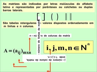 As matrizes são indicadas por letras maiúsculas do alfabeto
latino e representadas por parênteses ou colchetes ou duplas
barras laterais.

                        
                                                        ( )

                        m – número de linhas da matriz
São tabelas retangulares de valores dispostos ordenadamente em
m linhas e n colunas.


                  n – número de colunas da matriz



                                                                   *
A = (aij )mxn                                            i, j,m,n ∈N
               onde 10≤≤j i≤≤n.
                 onde         m.
               j i––número da colunada matriz,
                     número da linha da matriz,
 