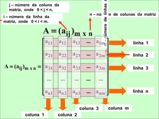j – número da coluna da




                                                  m – número de linhas
  matriz, onde 0 < j < n.
                                           n – número de colunas da matriz
i – número da linha da
matriz, onde 0 < i < m.

                   A = (aij )m x n
                   a11 a12     a13      ... a1m                                   linha 1
                                                 
                  a                     ... a 2m 
                      21 a 22   a 23                                                linha 2
                                                 
                                                 
A = (aij )m x n =  a 31 a 32   a 33     ... a 3m                                  linha 3
                                                 
                   ...   ...    ...     ... ... 
                                                 
                  an1 an2
                               an3      ... anm                                  linha n


                                       coluna 3                          coluna m
          coluna 1        coluna 2
 