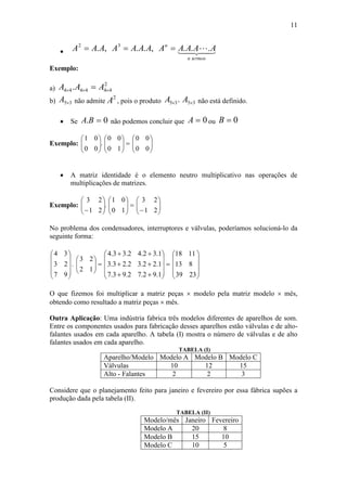 11
  
termosn
n
AAAAAAAAAAAA ...,..,. 32

Exemplo:
a)
2
444444 .   AAA
b) 35A não admite
2
A , pois o produto .35A 35A não está definido.
 Se 0. BA não podemos concluir que 0A ou 0B
Exemplo: .
00
01












10
00






00
00
 A matriz identidade é o elemento neutro multiplicativo nas operações de
multiplicações de matrizes.
Exemplo: .
21
23













10
01






 21
23
No problema dos condensadores, interruptores e válvulas, poderíamos solucioná-lo da
seguinte forma:










9
2
3
7
3
4
. 





12
23

















1.92.7
1.22.3
1.32.4
2.93.7
2.23.3
2.33.4










23
8
11
39
13
18
O que fizemos foi multiplicar a matriz peças  modelo pela matriz modelo  mês,
obtendo como resultado a matriz peças  mês.
Outra Aplicação: Uma indústria fabrica três modelos diferentes de aparelhos de som.
Entre os componentes usados para fabricação desses aparelhos estão válvulas e de alto-
falantes usados em cada aparelho. A tabela (I) mostra o número de válvulas e de alto
falantes usados em cada aparelho.
TABELA (I)
Aparelho/Modelo Modelo A Modelo B Modelo C
Válvulas 10 12 15
Alto - Falantes 2 2 3
Considere que o planejamento feito para janeiro e fevereiro por essa fábrica supões a
produção dada pela tabela (II).
TABELA (II)
Modelo/mês Janeiro Fevereiro
Modelo A 20 8
Modelo B 15 10
Modelo C 10 5
 