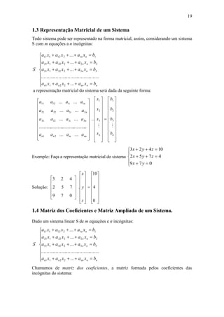 19
1.3 Representação Matricial de um Sistema
Todo sistema pode ser representado na forma matricial, assim, considerando um sistema
S com m equações a n incógnitas:












nnnnnn
nn
nn
nn
bxaxaxa
bxaxaxa
bxaxaxa
bxaxaxa
S
...
................................................
...
...
...
2211
33232131
22222121
11212111
a representação matricial do sistema será dada da seguinte forma:




















nnninn
ni
ni
ni
aaaa
aaaa
aaaa
aaaa
......
..........................................
......
......
......
21
333231
222221
111211
.






















nx
x
x
x

3
2
1
.























nb
b
b
b

3
2
1
Exemplo: Faça a representação matricial do sistema








079
4752
10423
yx
zyx
zyx
Solução:












079
752
423
















z
y
x
.

















0
4
10
1.4 Matriz dos Coeficientes e Matriz Ampliada de um Sistema.
Dado um sistema linear S de m equações e n incógnitas:












nnnnnn
nn
nn
nn
bxaxaxa
bxaxaxa
bxaxaxa
bxaxaxa
S
...
................................................
...
...
...
2211
33232131
22222121
11212111
Chamamos de matriz dos coeficientes, a matriz formada pelos coeficientes das
incógnitas do sistema:
 