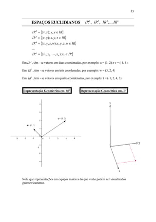 33
ESPAÇOS EUCLIDIANOS n
IRIRIRIR ,...,,, 432
 
 
 
 IRxxxxIR
IRwzyxwzyxIR
IRzyxyxIR
IRyxyxIR
in
n




);,,,(
...
,,,);,,,(
,,);,(
,);,(
21
4
3
2

Em 2
IR , têm - se vetores em duas coordenadas, por exemplo: u = (3, 2) e v = (-1, 1)
Em 3
IR , têm - se vetores em três coordenadas, por exemplo: w = (3, 2, 4)
Em 4
IR , têm - se vetores em quatro coordenadas, por exemplo: t = (-1, 2, 4, 3)
Representação Geométrica em 2
IR Representação Geométrica em 3
IR
Note que representações em espaços maiores do que 4 não podem ser visualizados
geometricamente.
 