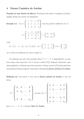 4 Forma Canônica de Jordan
Partição de uma Matriz em Blocos: Particionar uma matriz A qualquer em blocos,
signica dividir ...