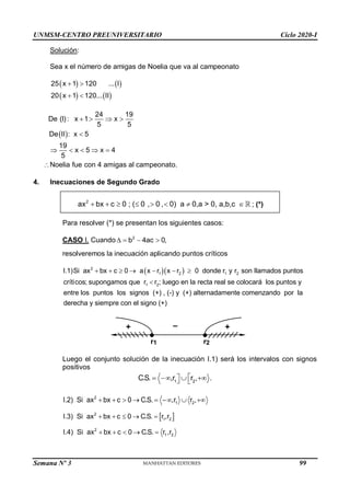 UNMSM-CENTRO PREUNIVERSITARIO Ciclo 2020-I
Semana Nº 3 (Prohibida su reproducción y venta) Pág. 36
Solución:
Sea x el número de amigas de Noelia que va al campeonato
   
   
 
 
25 x 1 120 ... I
20 x 1 120... II
 
24 19
De (I): x 1 x
5 5
De II : x 5
19
x 5 x 4
5
Noelia fue con 4 amigas al campeonato.
   

    

4. Inecuaciones de Segundo Grado
Para resolver (*) se presentan los siguientes casos:
CASO I. Cuando   
2
b 4ac 0,
resolveremos la inecuación aplicando puntos críticos
  
      

2
1 2 1 2
1 2
I.1)Si ax bx c 0 a x r x r 0 donde r y r son llamados puntos
críticos; supongamos que r r ; luego en la recta real se colocará los puntos y
entre los puntos los signos (+) , (-) y (+) alternadamente comenzando por la
derecha y siempre con el signo (+)
Luego el conjunto solución de la inecuación I.1) será los intervalos con signos
positivos

   

 
1 2
C.S. ,r r , .
       
2
1 2
I.2) Si ax bx c 0 C.S. ,r r ,
 
    
2
1 2
I.3) Si ax bx c 0 C.S. r ,r
    
2
1 2
I.4) Si ax bx c 0 C.S. r ,r
2
ax bx c 0 ; ( 0 , 0 , 0) a 0,a > 0, a,b,c
        ; (*)
+
+
r1 r2
–
99
 