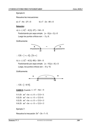 UNMSM-CENTRO PREUNIVERSITARIO Ciclo 2020-I
Semana Nº 3 (Prohibida su reproducción y venta) Pág. 37
Ejemplo 6:
Resuelva las inecuaciones:
a) 2
x 6x 27 0
   b) 2
x 2x 80 0
  
Solución:
    
  
2
a) 6 4 1 27 144 0
Factorizando por aspa simple: x 9 x 3 0
Luego los puntos críticos son : 3 y 9.
      
  

Gráficamente:

C.S. , 3 9,

     

    
  
2
b) 2 4 1 80 324 0
Factorizando por aspa simple: x 10 x 8 0
Luego, los puntos críticos son : 8 y 10.
      
  

Gráficamente:
 
C.S. 8,10 .
  
CASO II. Cuando
2
b 4ac 0
   
   
   
    
    
2
2
2
2
II.1) Si ax bx c 0 C.S.=
II.2) Si ax bx c 0 C.S.=
II.3) Si ax bx c 0 C.S.=
II.4) Si ax bx c 0 C.S.=
Ejemplo 7:
Resuelva la inecuación 2
3x 2x 1 0.
  
–8
+
+ –
10
+
+ –
–3 9
100
 