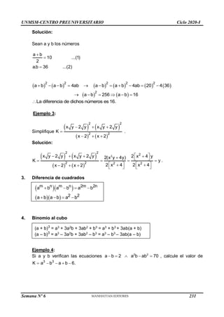 UNMSM-CENTRO PREUNIVERSITARIO Ciclo 2020-I
Semana Nº 6 (Prohibida su reproducción y venta) Pág. 35
Solución:
Sean a y b los números
a b
10 ...(1)
2
a.b 36 ...(2)



           
   
2 2 2 2 2
2
a b a b 4ab a b a b 4ab 20 4 36
a b 256 a b 16
          
     
La diferencia de dichos números es 16.

Ejemplo 3:
Simplifique
   
   
2 2
2 2
x y 2 y x y 2 y
K
x 2 x 2
  

  
.
Solución:
   
   
2
2 2
2
2 2 2 2
x y 2 y x y 2 y 2 x 4 y
2(x y 4y)
K y
2 x 4 2 x 4
x 2 x 2
 
   
  
   
   
 
      
.
3. Diferencia de cuadrados
  
m n m n 2m 2n
a b a b a b
   
   2 2
a b a b a b
   
4. Binomio al cubo
(a + b)3
= a3
+ 3a2
b + 3ab2
+ b3
= a3
+ b3
+ 3ab(a + b)
(a – b)3
= a3
– 3a2
b + 3ab2
– b3
= a3
– b3
– 3ab(a – b)
Ejemplo 4:
Si a y b verifican las ecuaciones 2 2
a b 2 a b ab 70
     , calcule el valor de
3 3
K a b a b 6.
    
231
 