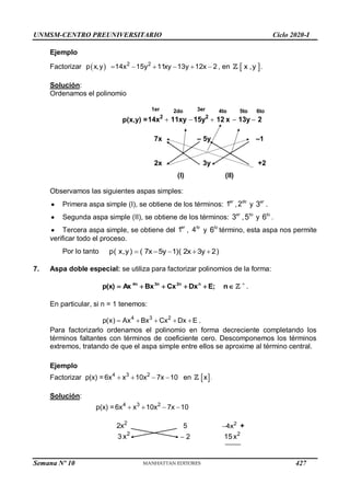 UNMSM-CENTRO PREUNIVERSITARIO Ciclo 2020-I
Semana Nº 10 (Prohibida su reproducción y venta) Pág. 42
Ejemplo
Factorizar        
2 2
p x,y 14x 15y 11xy 13y 12x 2, en  
x ,y .
Solución:
Ordenamos el polinomio
p(x,y) =     
1er 3er
2do 4to 5to 6to
2 2
14x 11xy 15y 12 x 13y 2
7x – 5y –1
2x 3y +2
(I) (II)
Observamos las siguientes aspas simples:
 Primera aspa simple (I), se obtiene de los términos: 1er
,2do
y 3er
.
 Segunda aspa simple (II), se obtiene de los términos: 3er
,5to
y 6to
.
.
 Tercera aspa simple, se obtiene del 1er
, 4to
y 6to
término, esta aspa nos permite
verificar todo el proceso.
Por lo tanto     
p( x,y) ( 7x 5y 1)( 2x 3y 2)
7. Aspa doble especial: se utiliza para factorizar polinomios de la forma:





 n
E;
Dx
Cx
Bx
Ax
p(x) n
2n
3n
4n 
.
En particular, si n = 1 tenemos:
4 3 2
p(x) Ax Bx Cx Dx E
     .
Para factorizarlo ordenamos el polinomio en forma decreciente completando los
términos faltantes con términos de coeficiente cero. Descomponemos los términos
extremos, tratando de que el aspa simple entre ellos se aproxime al término central.
Ejemplo
Factorizar p(x) =    
4 3 2
6x x 10x 7x 10 en  
x .
Solución:
p(x) =    
4 3 2
6x x 10x 7x 10
2
2x 5 2
4x
 +
3 2
x  2 2
15x
427
 