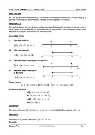 UNMSM-CENTRO PREUNIVERSITARIO Ciclo 2020-I
Semana Nº 2 (Prohibida su reproducción y venta) Pág. 33
a b +∞
−∞
a b +∞
−∞
a b +∞
−∞
INECUACIÓN
Es una desigualdad en la que hay una o más cantidades desconocidas (incógnitas) y que
solo se verifican para determinados valores de la incógnita ó incógnitas.
INTERVALOS
Son subconjuntos de los números reales que geométricamente son segmentos de recta o
semirrectas y cuyos elementos satisfacen cierta desigualdad. Los intervalos sirven para
expresar el conjunto solución de las inecuaciones.
Intervalos finitos
i) Intervalo abierto
 
a,b x /a x b
   
ii) Intervalo cerrado
   
a;b x /a x b
   
iii) Intervalo semiabierto por la izquierda
  
a;b x /a x b
   
iv) Intervalo semiabierto por
la derecha
 
a;b x /a x b
    

Observación:
Si a b
 , entonces  
a;a a;a a;a
    , pero    
a;a a

Intervalos infinitos
v)  
a, x /a x
    
vi)  
a, x /a x
    

vii)  
,b x / x b
   
viii) ,
  
Definición:
Si J es un intervalo de extremos a y b, con a < b, la longitud del intervalo J es b – a.
Ejemplo 2
Resuelve la siguiente inecuación: 2
(x 5) 1 8
  
Solución
a b +∞
– 
53
 