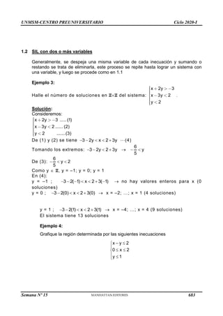 UNMSM-CENTRO PREUNIVERSITARIO Ciclo 2020-I
Semana Nº 15 (Prohibida su reproducción y venta) Pág. 32
1.2 SIL con dos o más variables
Generalmente, se despeja una misma variable de cada inecuación y sumando o
restando se trata de eliminarla, este proceso se repite hasta lograr un sistema con
una variable, y luego se procede como en 1.1
Ejemplo 3:
Halle el número de soluciones en ZZ del sistema: x 3y 2
y
2 3
2
x y
.
Solución:
Consideremos:
x 3y 2 ...... (2)
y 2
x 2y 3 ..... (1)
.......(3)
De (1) y (2) se tiene 3 2y x 2 3y
     (4)
Tomando los extremos:
6
3 2y 2 3y y
5
      
De (3):
6
y 2
5
  
Como y  Z, y = –1; y = 0; y = 1
En (4):
y = –1 ; 3 2( 1) x 2 3( 1)
        no hay valores enteros para x (0
soluciones)
y = 0 ; 3 2(0) x 2 3(0)
      x = –2; …; x = 1 (4 soluciones)
2(1) x 2 3(1)
  

3
y = 1 ;  x = –4; …; x = 4 (9 soluciones)
El sistema tiene 13 soluciones
Ejemplo 4:
Grafique la región determinada por las siguientes inecuaciones
x y
  2
0 x  2

y 1






683
 