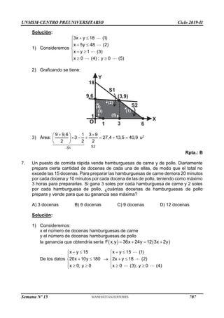 UNMSM-CENTRO PREUNIVERSITARIO Ciclo 2019-II
Semana Nº 15 (Prohibida su reproducción y venta) Pág. 52
Solución:
1) Consideremos
3x y 18 (1)
x 5y 48 (2)
x y 1 (3)
x 0 (4) ; y 0 (5)
 

  


 

  

2) Graficando se tiene:
Y
X
O
(2)
( )
5
(1)
(3,9)
( )
4
6
18
( )
3
9,6
1
1 3
S1
S2
3) Área:
S2
S1
9 9,6 1 3 9
3 27,4 13,5 40,9
2 2 2
 
 
     
 
 
u2
Rpta.: B
7. Un puesto de comida rápida vende hamburguesas de carne y de pollo. Diariamente
prepara cierta cantidad de docenas de cada una de ellas, de modo que el total no
excede las 15 docenas. Para preparar las hamburguesas de carne demora 20 minutos
por cada docena y 10 minutos por cada docena de las de pollo, teniendo como máximo
3 horas para prepararlas. Si gana 3 soles por cada hamburguesa de carne y 2 soles
por cada hamburguesa de pollo, ¿cuántas docenas de hamburguesas de pollo
prepara y vende para que su ganancia sea máxima?
A) 3 docenas B) 6 docenas C) 9 docenas D) 12 docenas
Solución:
1) Consideremos:
x el número de docenas hamburguesas de carne
y el número de docenas hamburguesas de pollo
la ganancia que obtendría sería    
F x,y 36x 24y 12 3x 2y
   
De los datos
x y 15
20x 10y 180
x 0; y 0
 


 

  


x y 15 (1)
2x y 18 (2)
x 0 (3); y 0 (4)
 


 

  

707
 