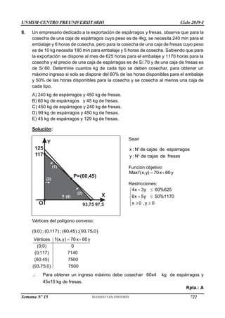 UNMSM-CENTRO PREUNIVERSITARIO Ciclo 2019-I
Semana Nº 15 (Prohibida su reproducción y venta) Pág. 64
8. Un empresario dedicado a la exportación de espárragos y fresas, observa que para la
cosecha de una caja de espárragos cuyo peso es de 4kg, se necesita 240 min para el
embalaje y 6 horas de cosecha, pero para la cosecha de una caja de fresas cuyo peso
es de 10 kg necesita 180 min para embalaje y 5 horas de cosecha. Sabiendo que para
la exportación se dispone al mes de 625 horas para el embalaje y 1170 horas para la
cosecha y el precio de una caja de espárragos es de S/.70 y de una caja de fresas es
de S/.60. Determine cuantos kg de cada tipo se deben cosechar, para obtener un
máximo ingreso si solo se dispone del 60% de las horas disponibles para el embalaje
y 50% de las horas disponibles para la cosecha y se cosecha al menos una caja de
cada tipo.
A) 240 kg de espárragos y 450 kg de fresas.
B) 60 kg de espárragos y 45 kg de fresas.
C) 450 kg de espárragos y 240 kg de fresas.
D) 99 kg de espárragos y 450 kg de fresas.
E) 45 kg de espárragos y 129 kg de fresas.
Solución:
Sean
x : N de cajas de esparragos
y : N de cajas de fresas


Función objetivo:
Maxf(x,y) 70x 60y
 
Restricciones:
4x 3y 60%625
6x 5y 50%1170
x 0 ,y 0
 


 

  

Vértices del polígono convexo:
 
(0,0) ; (0,117) ; (60,45) ; 93.75,0
Vértices f(x,y) 70x 60y
(0;0) 0
(0;117) 7140
(60;45) 7500
(93,75;0) 7500
 
 Para obtener un ingreso máximo debe cosechar 60x4 kg de espárragos y
45x10 kg de fresas.
Rpta.: A
Y
X
O
117
125
(2)
( )
4
(1)
97,5
P=(60,45)
( )
3
93,75
722
 
