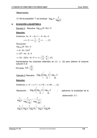 UNMSM-CENTRO PREUNIVERSITARIO Ciclo 2020-I
Observación.
3.1 De la propiedad 7, se concluye: b
a
1
log a .
log b

4. ECUACIÓN LOGARÍTMICA
Ejemplo 2 : Resuelva (3x)
log (8 6x) 2
 
Solución:
(3x)
2
2
Existencia : 3x 0 3x 1 8 6x 0
1 4
x 0 x x .......(1)
3 3
Resolución :
log (8 6x) 2
8 6x (3x)
9x 6x 8 0
2 4
(3x 2)(3x 4) 0 x , ...(2)
3 3
     
     
 
  
   
 
      
 
 
Intersectamos los conjuntos obtenidos en (1) y (2) para obtener el conjunto
solución C.S:
Por tanto,
2
C.S
3
 
  
 
.
Ejemplo 3: Resuelva  
x x x
16 64
log 2 log 2 log 2
 
  
 
 
Solución:
Existencia: x 0 x 1 x 16 x 64 .......(1)
      
Resolución :  
x x x
16 64
log 2 log 2 log 2
 
  
 
 
; aplicamos la propiedad de la
observación 3.1 :
1 1 1
.
x x
log x
2 log log
2 2
16 64
1 1 1
log x log x log 16 log x log 64
2 2 2 2 2

   
   
   
 

 
 
 
 
Semana Nº 16 (Prohibida su reproducción y venta) Pág. 53
740
 