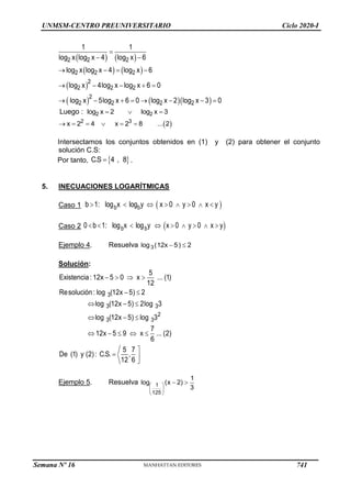 UNMSM-CENTRO PREUNIVERSITARIO Ciclo 2020-I
   
   
 
    
2 2 2
2 2 2
2
2 2 2
2
2 2 2 2
1 1
log x log x 4 log x 6
log x log x 4 log x 6
log x 4log x log x 6 0
log x 5log x 6 0 log x 2 log x 3 0

 
   
    
       
Luego : 2 2
log x 2 log x 3
  
 
2 3
x 2 4 x 2 8 ... 2
     
Intersectamos los conjuntos obtenidos en (1) y (2) para obtener el conjunto
solución C.S:
Por tanto,  
C.S 4 , 8
 .
5. INECUACIONES LOGARÍTMICAS
Caso 1  
b b
b 1: log x log y x 0 y 0 x y
       
Caso 2  
b b
0 b 1: log x log y x 0 y 0 x y
        
Ejemplo 4. Resuelva  
3
log (12x 5) 2
Solución:
3
3 3
2
3 3
5
Existencia : 12x 5 0 x ... (1)
12
Resolución: log (12x 5) 2
log (12x 5) 2log 3
log (12x 5) log 3
7
12x 5 9 x ... (2)
6
5 7
De (1) y (2): C.S. ,
12 6
   
 
  
  
    

 

Ejemplo 5. Resuelva  
 
 
 
1
125
1
log (x 2)
3
Semana Nº 16 (Prohibida su reproducción y venta) Pág. 53
741
 