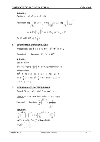 UNMSM-CENTRO PREUNIVERSITARIO Ciclo 2020-I
Solución:
1
3
1 1 1
125 125 125
1
3
Existencia : x 2 0 x 2 ... (1)
1 1
Resolución: log (x 2) log (x 2) log
3 125
1 1 11
x 2 x 2 x ... (2)
125 5 5
11
De (1) y (2): C.S. 2,
5
     
     
     
 
 
 
   
 
      
 
 
       
 
 

6. ECUACIONES EXPONENCIALES
Proposición: x y
Sea b , b 0 b 1: b b x y
     
Ejemplo 6. Resuelva 
 
2x 2 x
2 2 9(2 )
Solución:
 
 
x
2
2x 2 x x x x
2 2
x x
Sea a 2 0
2 2 9(2 ) 2 4 2 9(2 ); hacemos 2 a
reemplazando
4a 2 9a 4a 9a 2 0 ( 4a 1)(a 2) 0
1 1
a a 2 2 2 2 x 2 x 1
4 4
C.S. 2 ,1

 
     
         
            
  
7. INECUACIONES EXPONENCIALES
Caso 1 p(x) q(x)
Si b 1: b b p(x) q(x)
    .
Caso 2 p(x) q(x)
Si 0 b 1: b b p(x) q(x)
    
Ejemplo 7. Resolver


 

 
   
 
 
2
2x 1
x 2
1 1
3 1
3
Solución:
2 2
2x 1 x 2 2x 1 x 2 0
2
1 1 1 1
1
3 3 3 3
2x x 3 0 (2x 3)(x 1) 0
3
C.S ,1
2
    
       
  
       
       
       
 
  
 
 
Semana Nº 16 (Prohibida su reproducción y venta) Pág. 53
742
 