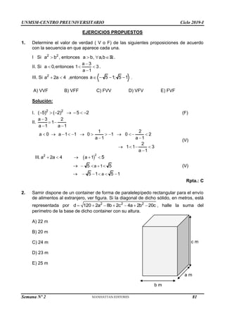 UNMSM-CENTRO PREUNIVERSITARIO Ciclo 2019-I
Semana Nº 2 (Prohibida su reproducción y venta) Pág. 52
EJERCICIOS PROPUESTOS
1. Determine el valor de verdad ( V o F) de las siguientes proposiciones de acuerdo
con la secuencia en que aparece cada una.
I Si 2 2
a b
 , entonces R
a b, a,b
   .
II. Si a 0,
 entonces
a 3
1 3
a 1

 

.
III. Si 2
a 2a 4
  ,entonces a 5 1; 5 1
    .
A) VVF B) VFF C) FVV D) VFV E) FVF
Solución:
I. 2 2
( 5) ( 2) 5 2
       (F)
II.
a 3 2
1
a 1 a 1

 
 
1 2
a 0 a 1 1 0 1 0 2
a 1 a 1
2
1 1 3
a 1
           
 
   

(V)
 
2
2
a 1
a
III. a 2a 4 a 1
5 5
5 1 5 1
5

 
    
  
   
 (V)
Rpta.: C
2. Samir dispone de un container de forma de paralelepípedo rectangular para el envío
de alimentos al extranjero, ver figura. Si la diagonal de dicho sólido, en metros, está
representada por 2 2 2
d 120 2a 8b 2c 4a 2b 20c
       , halle la suma del
perímetro de la base de dicho container con su altura.
A) 22 m
B) 20 m
C) 24 m
D) 23 m
E) 25 m
c m
a m
b m
81
 