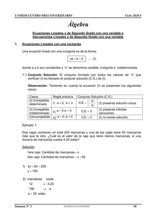 UNMSM-CENTRO PREUNIVERSITARIO Ciclo 2020-I
Semana Nº 3 (Prohibida su reproducción y venta) Pág. 33
Álgebra
Ecuaciones Lineales y de Segundo Grado con una variable e
Inecuaciones Lineales y de Segundo Grado con una variable
1. Ecuaciones Lineales con una incógnita
Una ecuación lineal con una incógnita es de la forma:
… (I)
donde a y b son constantes y “x” se denomina variable, incógnita ó indeterminada.
1.1 Conjunto Solución: El conjunto formado por todos los valores de “x” que
verifican (I) es llamado el conjunto solución (C.S.) de (I).
Observación: Teniendo en cuenta la ecuación (I) se presentan los siguientes
casos:
Casos Regla práctica Conjunto Solución (C.S.)
(I) Compatible
determinado i)  
a 0, b
b
C.S.
a
 
 
 
 
(I) presenta solución única.
(I) Compatible
indeterminado ii) a 0,b 0
  
C.S.
(I) presenta infinitas
soluciones.
(I)Incompatible iii) a 0, b 0
  C.S.   (I) no existe solución.
Ejemplo 1:
Dos cajas contienen en total 250 manzanas y una de las cajas tiene 50 manzanas
más que la otra. ¿Cuál es el valor de la caja que tiene menos manzanas, si una
docena de manzanas cuesta 4.20 soles?
Solución:
1era caja: Cantidad de manzanas x
2da caja: Cantidad de manzanas x 50
1) 2x 50 250
x 100

 
 

2) manzanas costo
12 4.20
100 a
a 35 soles



ax b 0
 
96
 