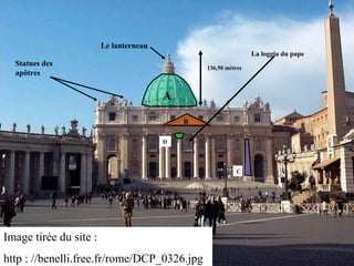 Image tirée du site :
http : //benelli.free.fr/rome/DCP_0326.jpg
A
B
C
D
136,50 mètres
Le lanterneau
La loggia du pape
Statues des
apôtres
 