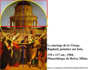 Le mariage de la Vierge,
Raphaël, peinture sur bois,
170 x 117 cm , 1504,
Pinacothèque de Bréra, Milan.
http://www.abcgallery.com/R/raphaël/raphaël/raphaël7.html
 