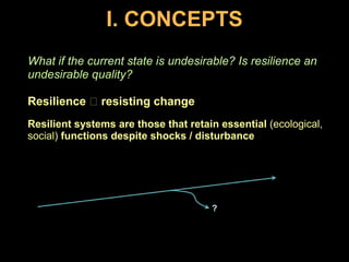 I. CONCEPTSWhat if the current state is undesirable? Is resilience an undesirable quality?Resilience  resisting changeResilient systems are those that retain essential (ecological, social) functions despite shocks / disturbance?