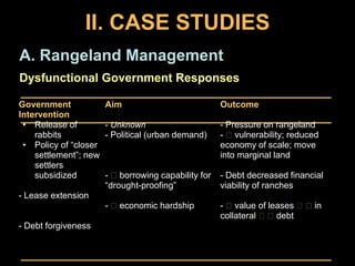 II. CASE STUDIESA. Rangeland ManagementPastoralism in Transition (Markakis, 2004):Resilience Lost:- Lost freedom of movement (individual property, forced settlement)- Veterinary services  livestock explosion (overgrazing)- Intra-group conflictDrivers:- Ideological (“traditional” = primitive, anti-progress)- Political (appropriation of land by State, private sector, sedentary)- Climatic (decreased rainfall, increased variability)Responses:- Spontaneous: Migration (& conflict); sedentarization (agropastoral)- Formal: Cooperative ranching (failure: production > welfare)