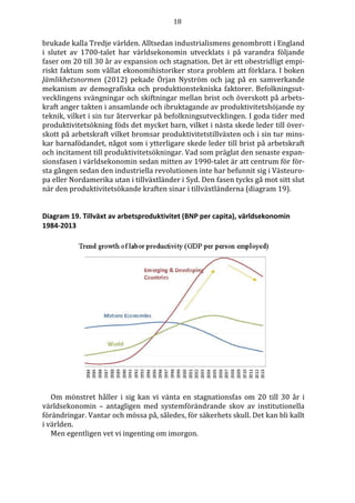18
brukade kalla Tredje världen. Alltsedan industrialismens genombrott i England
i slutet av 1700-talet har världsekonomin utvecklats i på varandra följande
faser om 20 till 30 år av expansion och stagnation. Det är ett obestridligt empi-
riskt faktum som vållat ekonomihistoriker stora problem att förklara. I boken
Jämlikhetsnormen (2012) pekade Örjan Nyström och jag på en samverkande
mekanism av demografiska och produktionstekniska faktorer. Befolkningsut-
vecklingens svängningar och skiftningar mellan brist och överskott på arbets-
kraft anger takten i ansamlande och ibruktagande av produktivitetshöjande ny
teknik, vilket i sin tur återverkar på befolkningsutvecklingen. I goda tider med
produktivitetsökning föds det mycket barn, vilket i nästa skede leder till över-
skott på arbetskraft vilket bromsar produktivitetstillväxten och i sin tur mins-
kar barnafödandet, något som i ytterligare skede leder till brist på arbetskraft
och incitament till produktivitetsökningar. Vad som präglat den senaste expan-
sionsfasen i världsekonomin sedan mitten av 1990-talet är att centrum för för-
sta gången sedan den industriella revolutionen inte har befunnit sig i Västeuro-
pa eller Nordamerika utan i tillväxtländer i Syd. Den fasen tycks gå mot sitt slut
när den produktivitetsökande kraften sinar i tillväxtländerna (diagram 19).
Diagram 19. Tillväxt av arbetsproduktivitet (BNP per capita), världsekonomin
1984-2013
Om mönstret håller i sig kan vi vänta en stagnationsfas om 20 till 30 år i
världsekonomin – antagligen med systemförändrande skov av institutionella
förändringar. Vantar och mössa på, således, för säkerhets skull. Det kan bli kallt
i världen.
Men egentligen vet vi ingenting om imorgon.
 